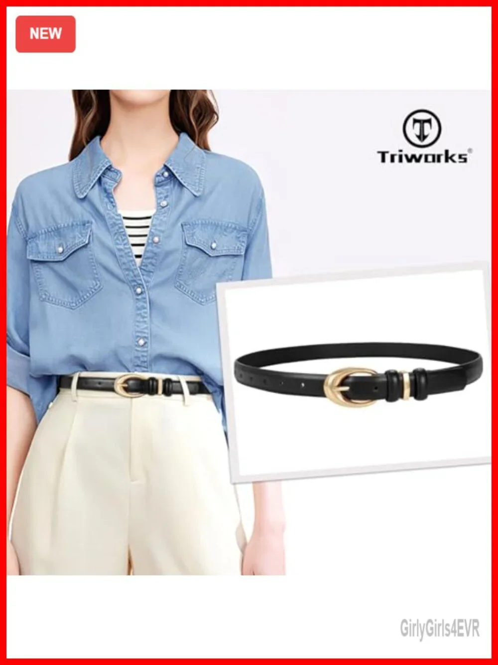 Women Faux Leather Skinny Belt with Gold Buckle